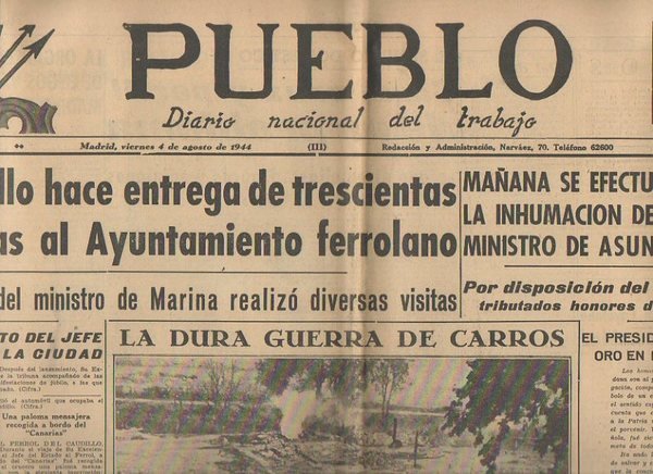 PUEBLO. DIARIO NACIONAL DEL TRABAJO. AÑO V. NUM. 1.264. MADRID, …