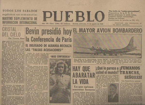 PUEBLO. AÑO VII. NUM. 2.000. MADRID, MIERCOLES, 21 DE AGOSTO …
