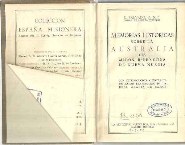 MEMORIAS HISTORICAS SOBRE LA AUSTRALIA Y LA MISION BENEDICTINA DE …