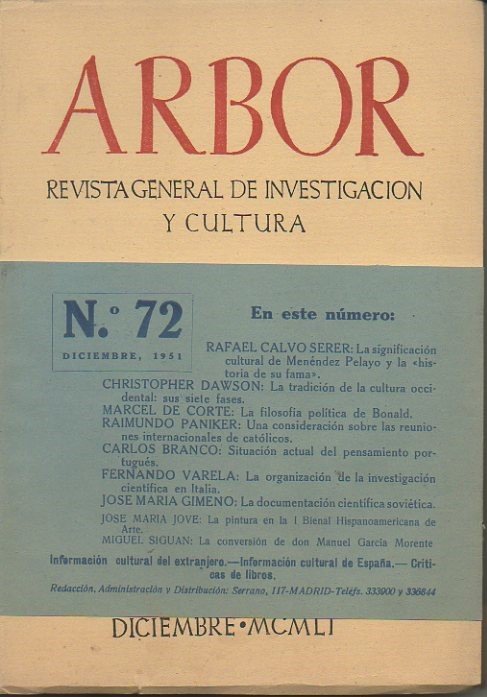 ARBOR. REVISTA GENERAL DE INVESTIGACION Y CULTURA. N. 72. TOMO …