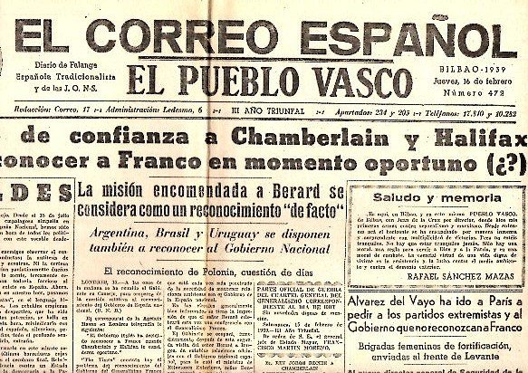 EL CORREO ESPAÑOL. EL PUEBLO VASCO. N. 472. 16-FEBRERO-1939.