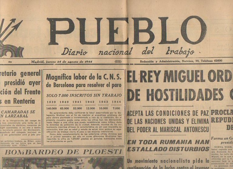 PUEBLO. DIARIO NACIONAL DEL TRABAJO. AÑO V. NUM. 1.281. MADRID, …
