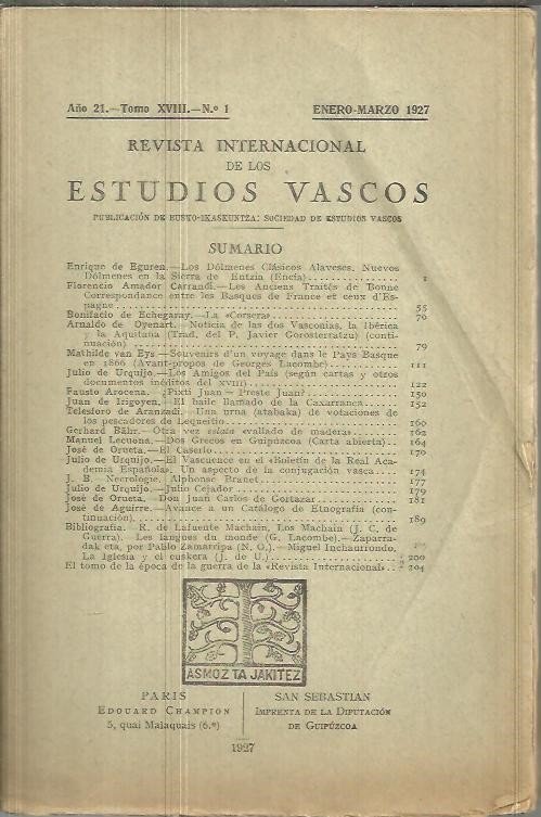 REVISTA INTERNACIONAL DE LOS ESTUDIOS VASCOS. AÑO 21. TOMO XVIII. …