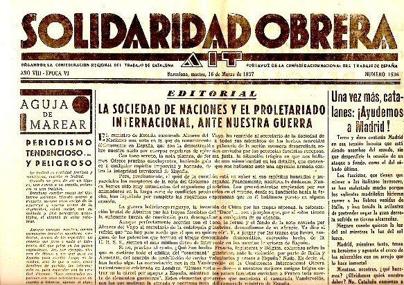 SOLIDARIDAD OBRERA. AIT. AÑO VIII. N.1536. 16-MARZO-1937.