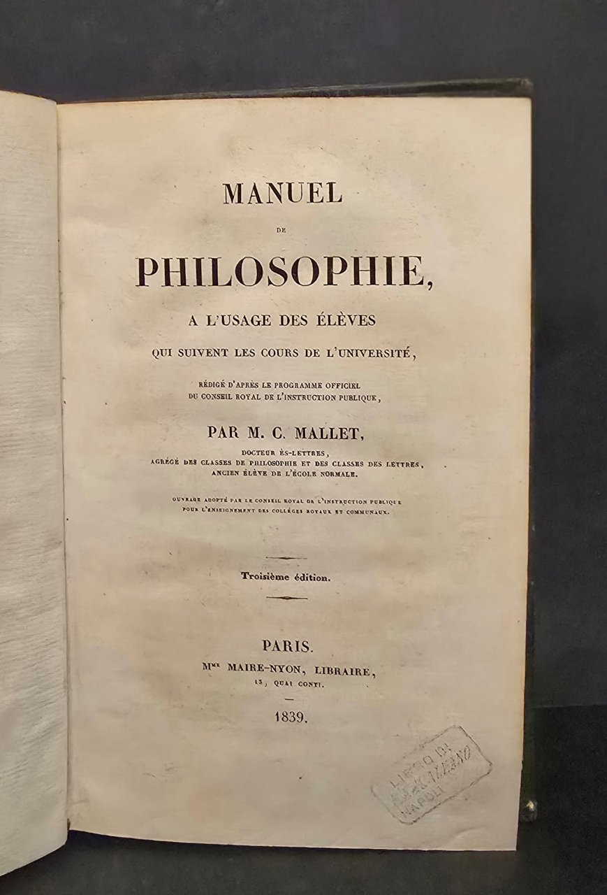Manuel de Philosophie a l’usage des élèves qui suivent les … | Immagine principale