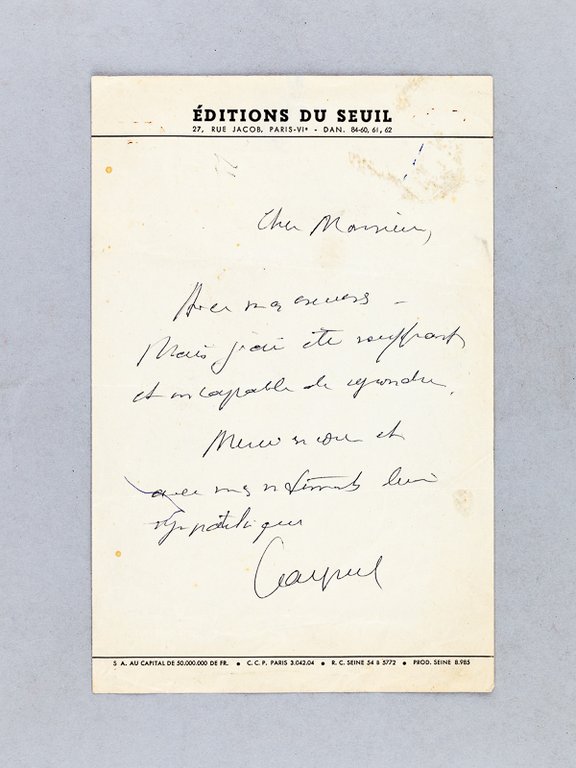 1 Lettre autographe signée de Jean Cayrol.