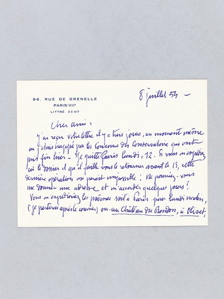 Lettre autographe signée datée du 8 juillet 1954 [ adressée …