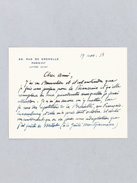 Lettre autographe signée datée du 19 novembre 1954 [ adressée …