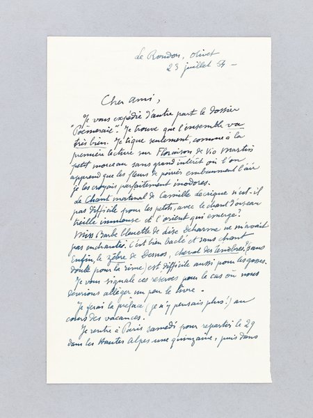 Lettre autographe signée datée du 23 juillet 1954 [adressée à …