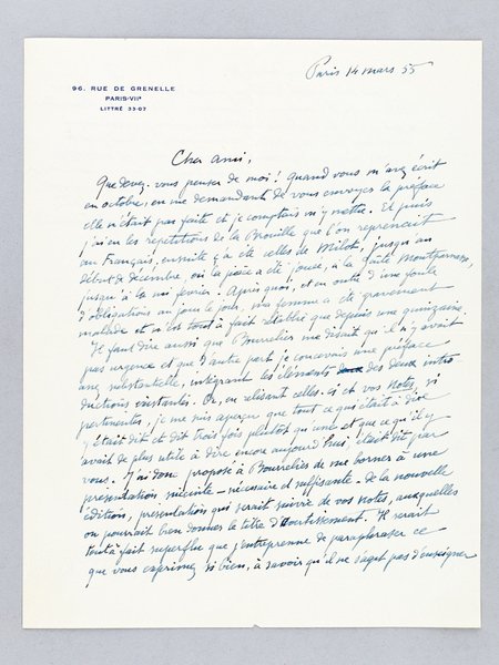 Lettre autographe signée datée du 14 mars 1955 [ adressée …