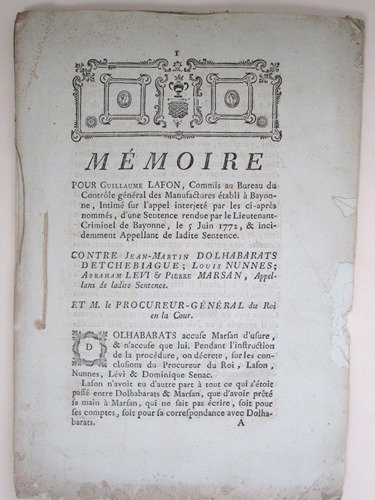 Mémoire pour Guillaume Lafon, Commis au Bureau du Contrôle Général …