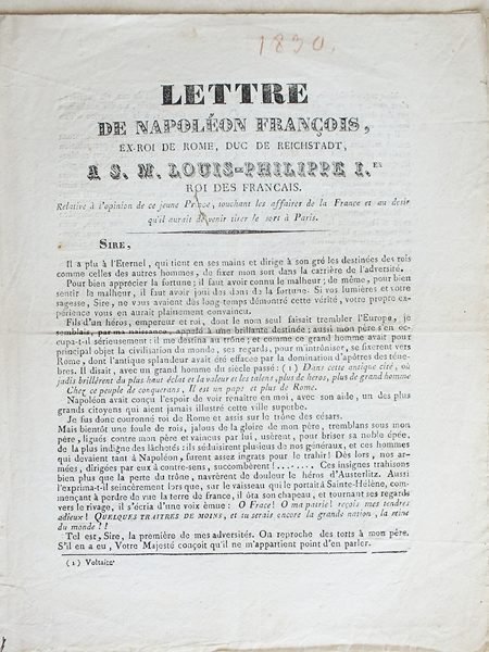 Lettre de Napoléon François, ex-roi de Rome, Duc de Reichstadt, …