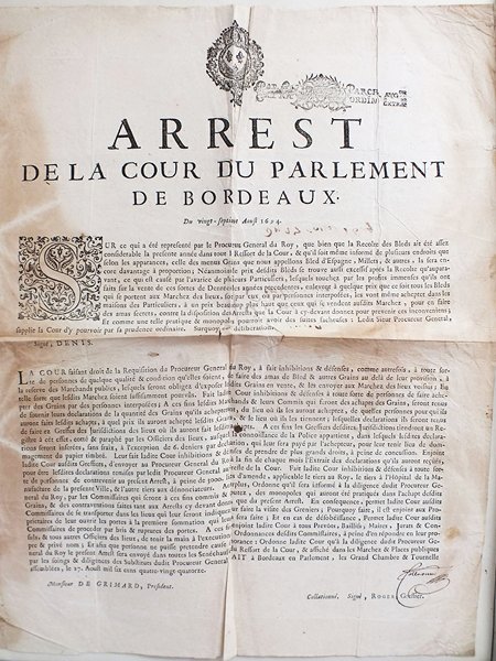 Arrest de la Cour du Parlement de Bordeaux du vingt-septième …