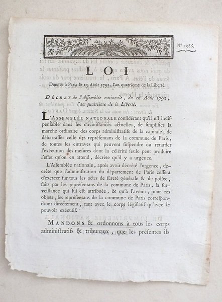 Loi donnée à Paris le 13 Août 1792, l'an quatrième …