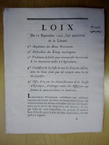 Loix du 11 septembre 1792, l'an quatrième de la Liberté. …