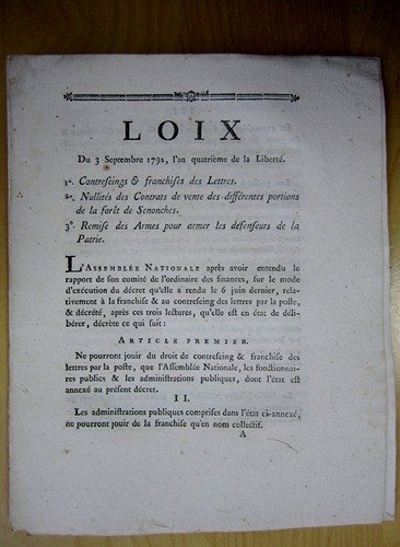 Loix du 3 Septembre 1792 1e - Contreseings & franchises …