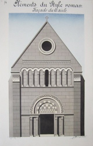 Architecture Romane. [Lot de 7 beaux lavis originaux ] Façade du XIe siècle - Eléments de l'art roman. Les voûtes - Portes et Fenêtres romanes - Eléments du style rman. Roses du XIIe siècle - Colonne byzantine - Quelques ornements - Colonnes et piliers romans.