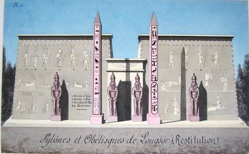 Art d'Egypte. [ Lot de 7 lavis et un pastel originaux ] Pyramide de Chéops. Coupe du Sud au Nord - Plan du Temple de Louqsor - Pylônes et obélisques de Louqsor - Colonne de la salle hypostyle du Palais de Karnac - Un colosse du Palais de Louqsor - Sphinx - Colonnes et piliers égyptiens - Le canon des égyptiens et de Polyclète