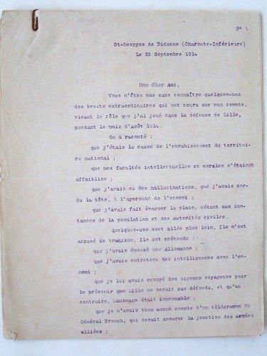 Importante Lettre signée du Général Percin datée du 25 septembre … | Immagine principale