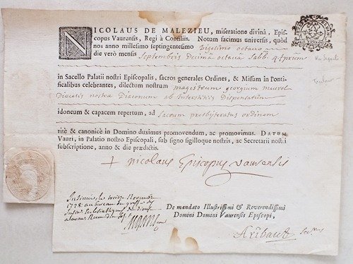 [ Dispense pour les ordres majeurs signée par Nicolas de …