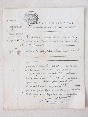 Je soussignée, receveur des Revenus des Biens Nationaux de Paris, …