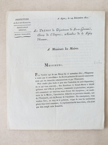 Agen le 24 décembre 1812. Le Préfet du Département de …