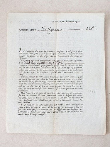 A Aix le 20 décembre 1786. Communauté de Marignane. "La …