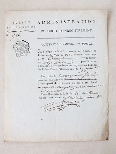 Quittance d'Amende de Police, du 25 Juillet 1792 : "Je …