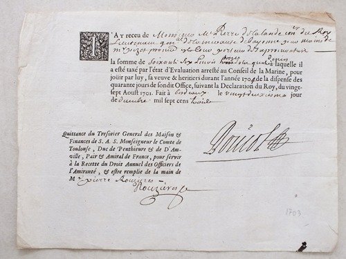 J'ay receu de Mr Pierre Delalande, conseiller du Roy, Lieutenant …