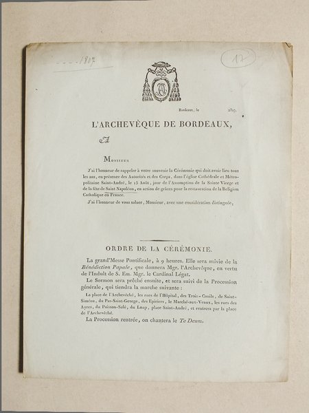 Formulaire d'invitation à la Procession dans les rues de Bordeaux …