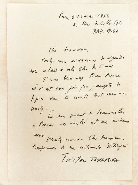 L.A.S. datée du 23 mai 1956 : "Cher Monsieur, Voulez-vous …