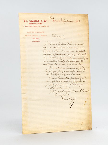 1 Lettre autographe signée, à en-tête de Et. Carjat & …