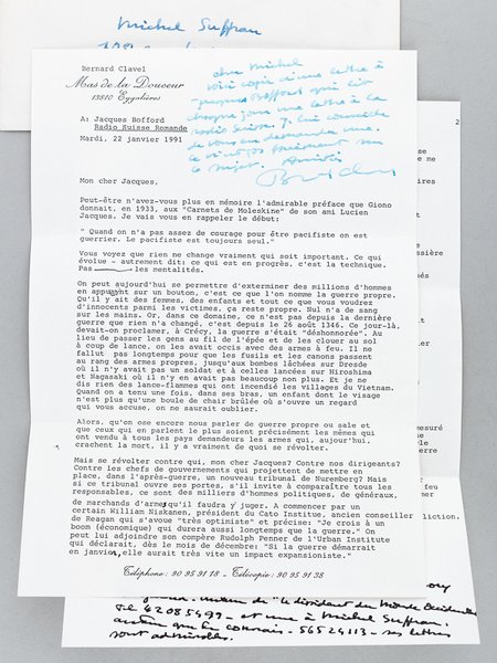 2 très belles lettres de Bernard Clavel évoquant la guerre …
