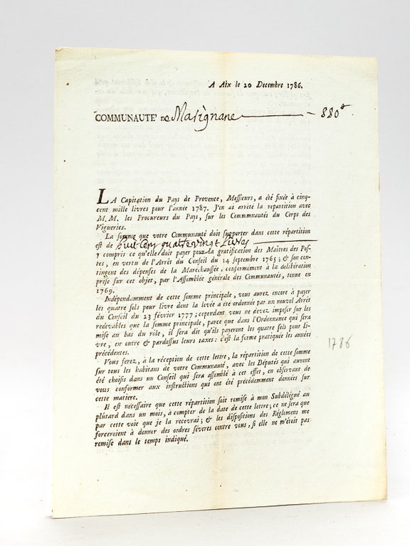 A Aix le 20 décembre 1786. Communauté de Marignane. "La …