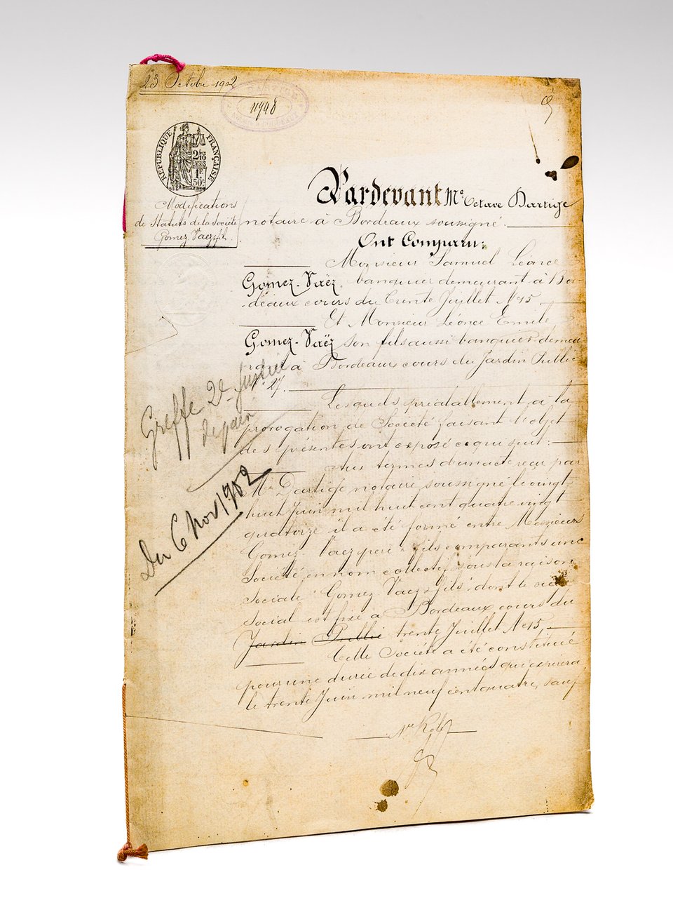 Acte notarié (expédition) de modifications de Statuts de la Société … | Immagine principale