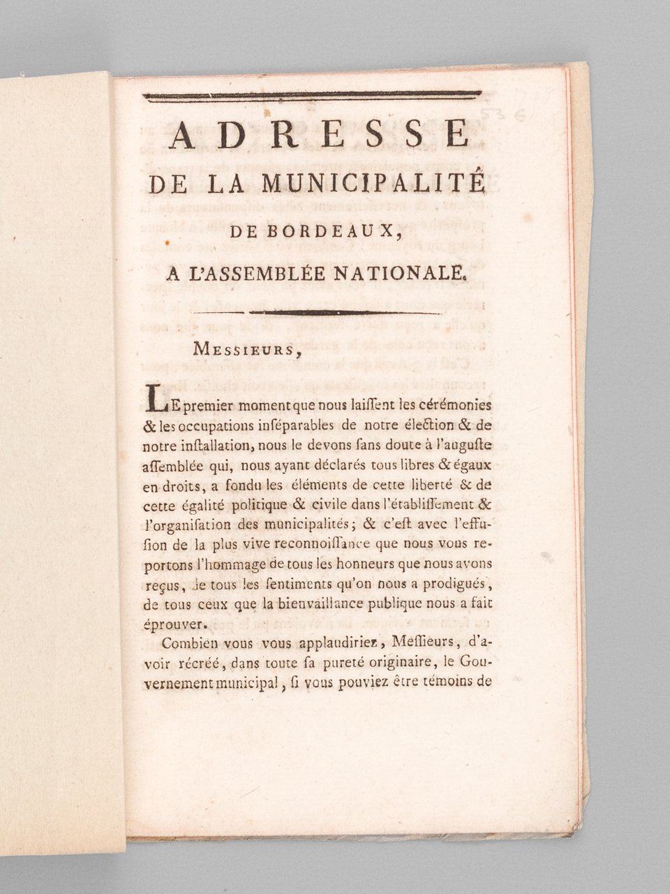 Adresse de la Municipalité de Bordeaux à l'Assemblée Nationale