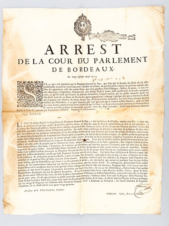 Arrest de la Cour du Parlement de Bordeaux du vingt-septième …