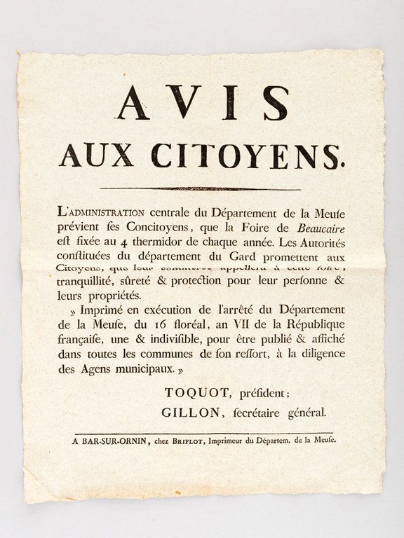 Avis aux Citoyens. L'Administration centrale du Département de la Meuse …