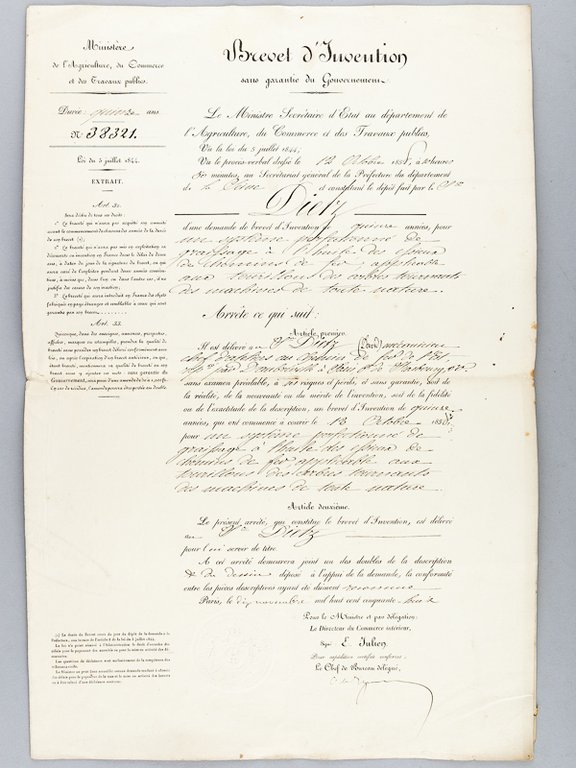 Brevet d'Invention accordé le 12 octobre 1858 à M. David …