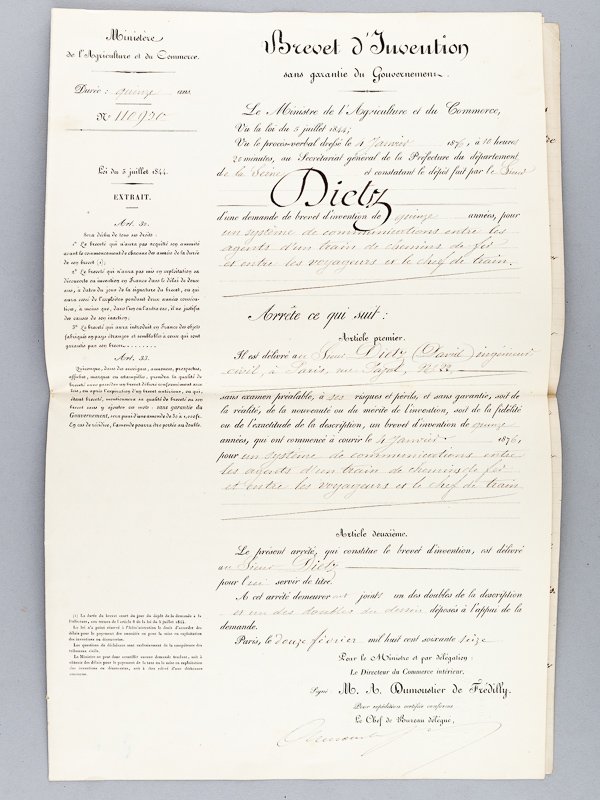 Brevet d'Invention accordé le 4 janvier 1876 à M. David …