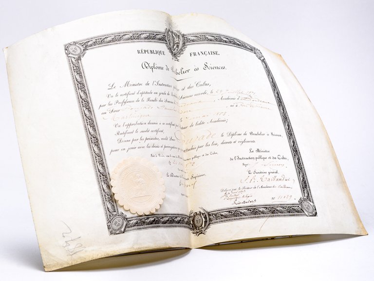Diplôme de Bachelier ès Sciences. Accordé le 24 avril 1872 …