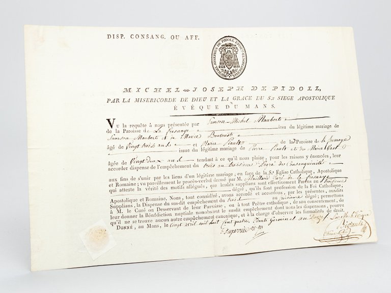 Dispense d'empêchement à mariage du trois au troisième degré de …