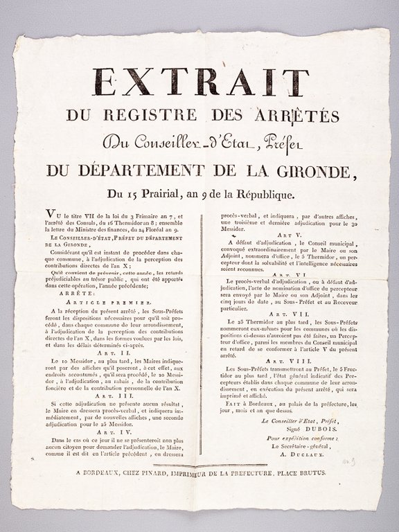 Extrait du Registre des Arrêtés du Conseiller d'Etat, Préfet du …