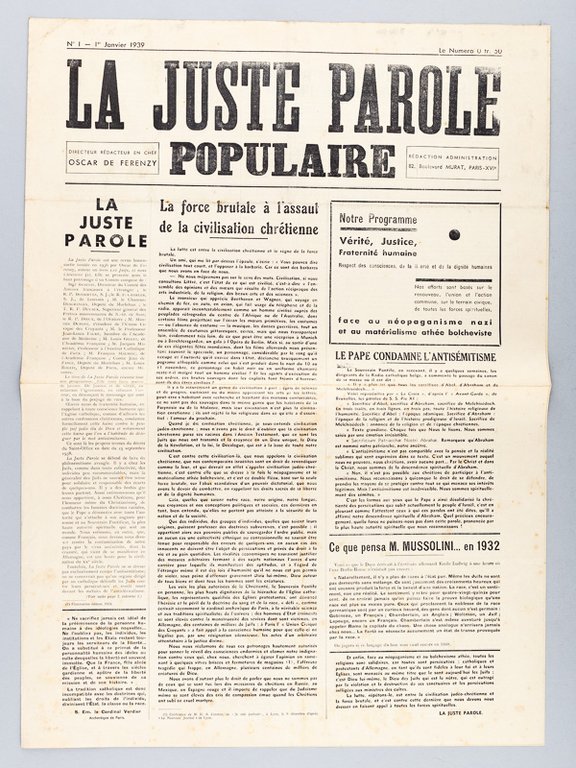 La Juste Parole Populaire. N°1 - 1er janvier 1939 ["La …
