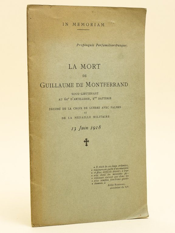 La mort de Guillaume de Montferrand sous-lieutenant au 60e d'artillerie, …
