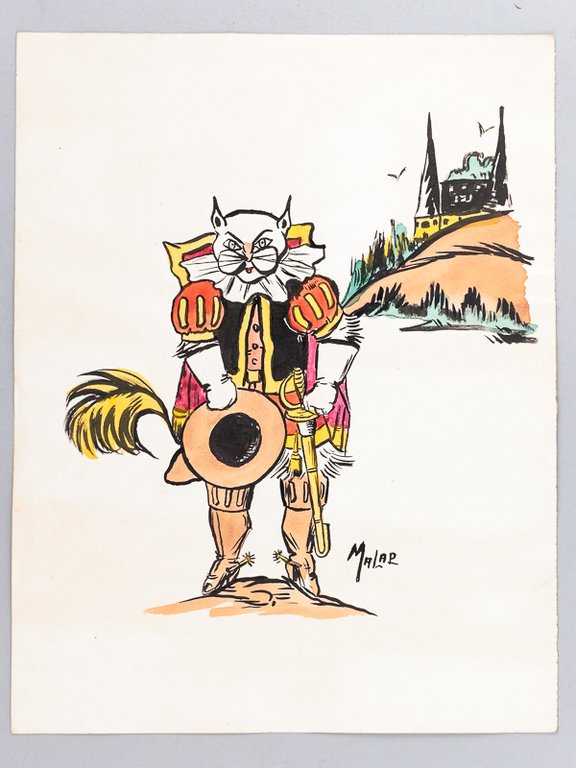 [ Le chat botté ] Aquarelle originale signée Malap
