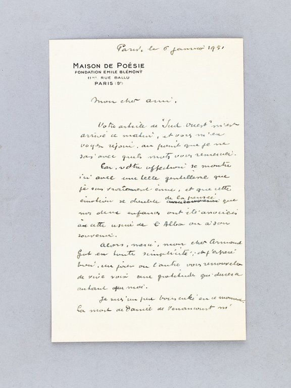 Lettre autographe signée datée du 6 janvier 1951, évoquant La …