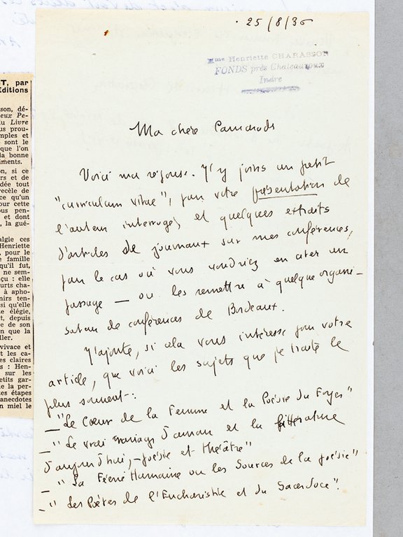 Lettre autographe signée de Henriette Charasson : "Voici les sujets …