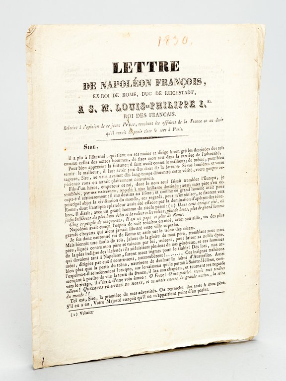 Lettre de Napoléon François, ex-roi de Rome, Duc de Reichstadt, …