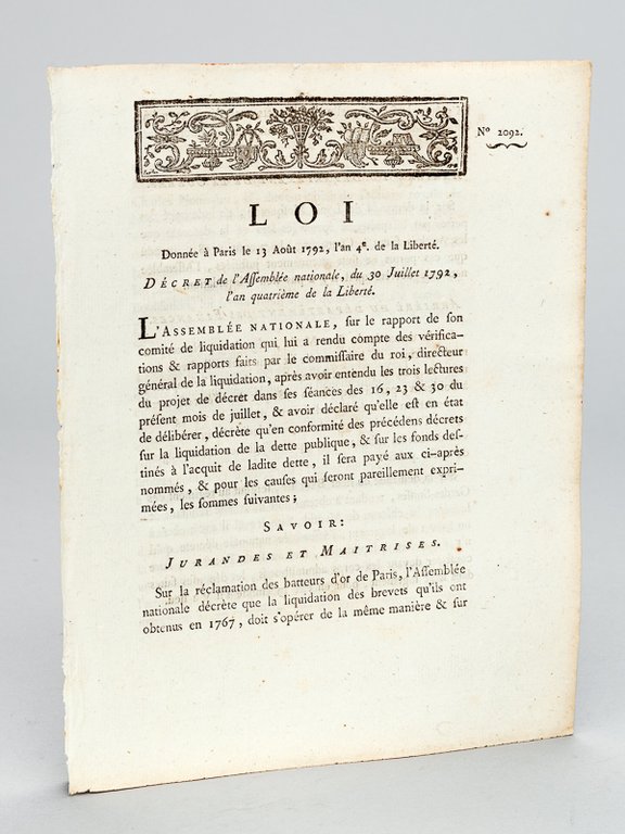 Loi donnée à Paris le 13 août 1792, l'an 4e …